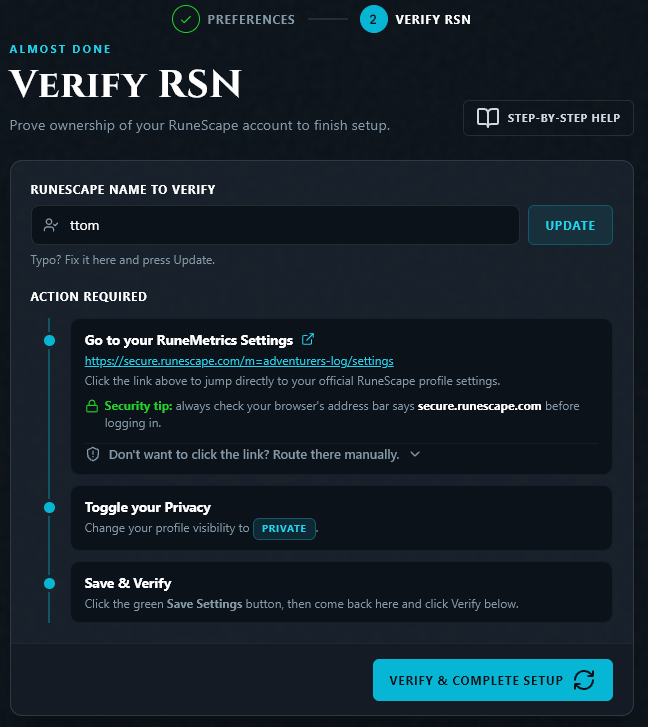 The Verify RSN page with its three steps