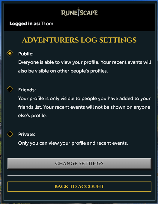 The Adventurers Log Settings page with its Public, Friends and Private options