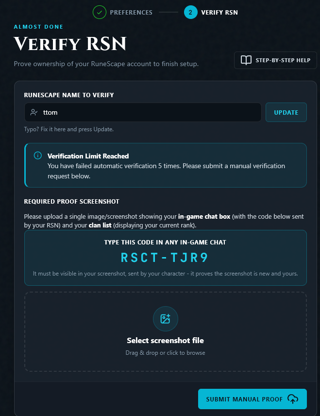 The manual verification page, showing the code to type and the box for your screenshot