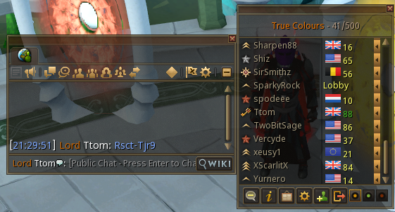 An example screenshot: the code sent in the chat box, with the clan list open beside it