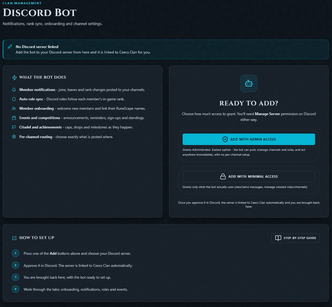 The Discord Bot page in clan management, with its two invite buttons