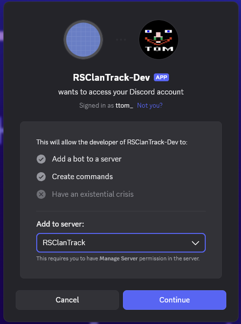 Discord asking which server to add the bot to
